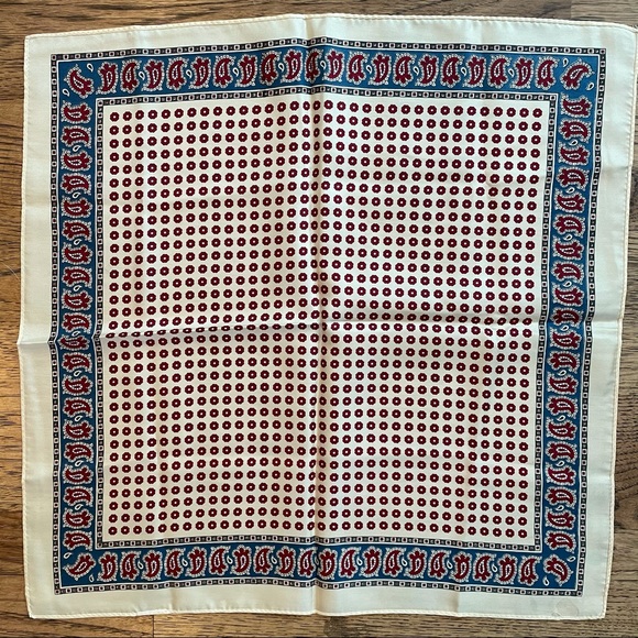 Women's Vintage Red, Blue, & Tan Printed Silk Neck / Head Scarf - Picture 2 of 3